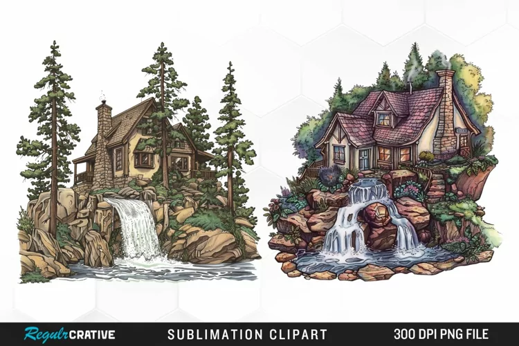 Vintage Waterfall Cottage Sublimation Clipart