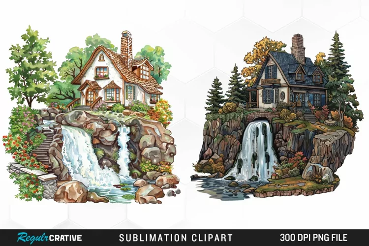 Vintage Waterfall Cottage Sublimation Clipart