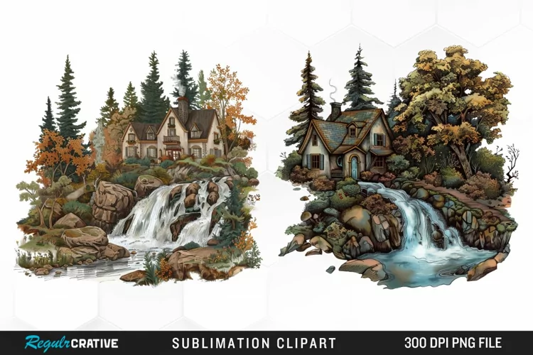 Vintage Waterfall Cottage Art Clipart