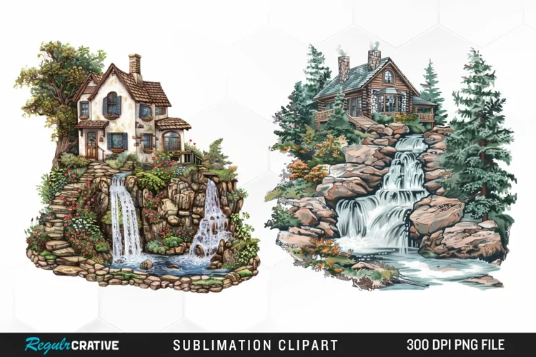 Vintage Waterfall Cottage Sublimation Clipart