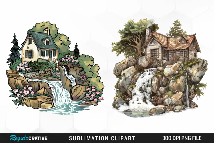 Vintage Waterfall Cottage Art Clipart