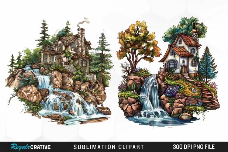 Vintage Waterfall Cottage Sublimation Clipart