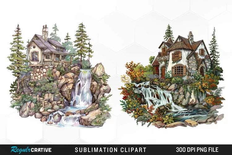 Vintage Waterfall Cottage Sublimation Clipart
