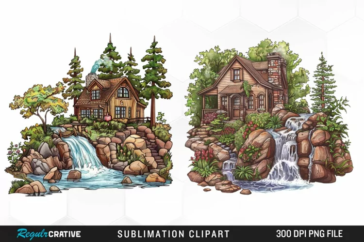 Vintage Waterfall Cottage Sublimation Clipart
