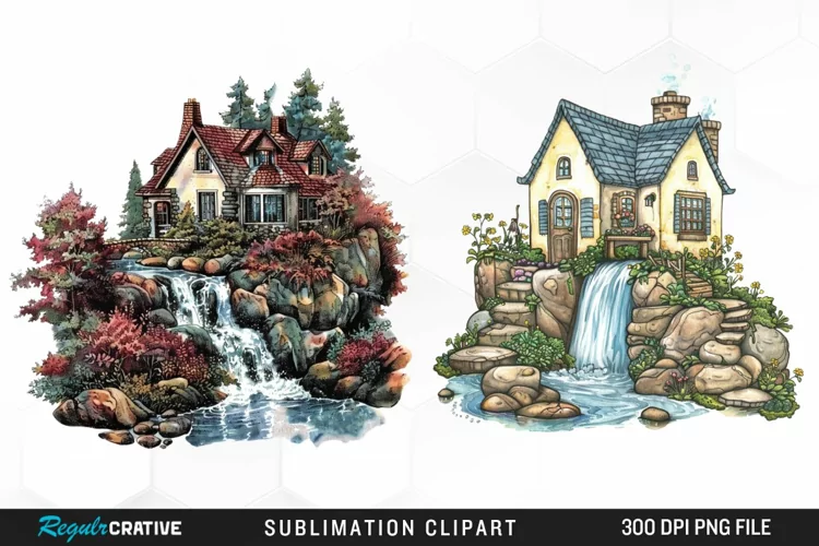Vintage Waterfall Cottage Art Clipart