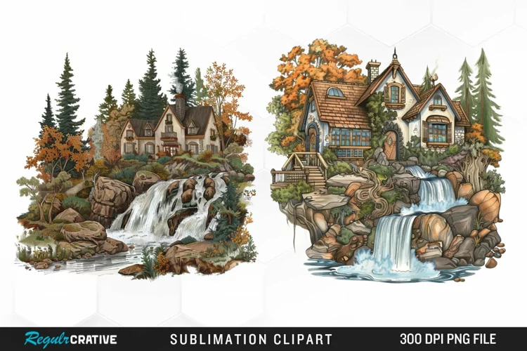 Vintage Waterfall Cottage Sublimation Clipart
