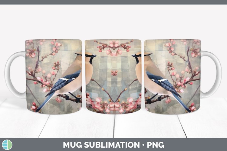 Vintage Waxwing Bird Mug Wrap | Sublimation Coffee Cup Desig