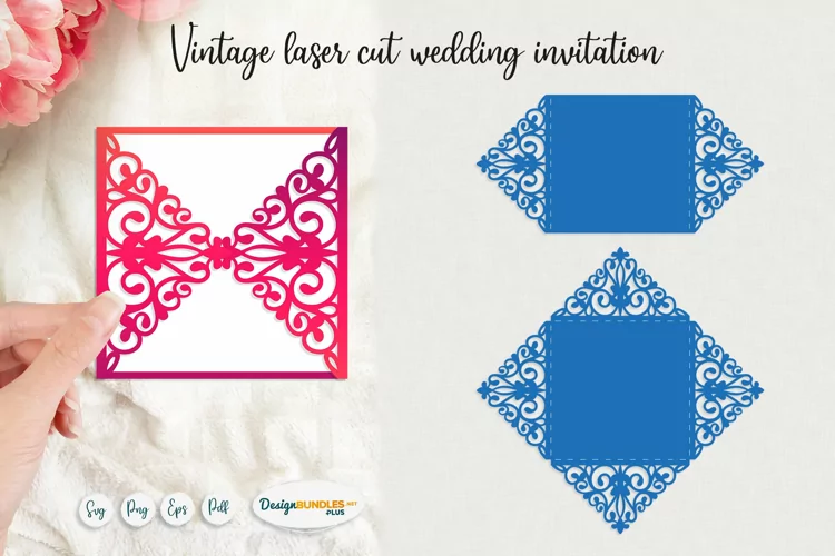 Vintage laser cut wedding invitation and envelope SVG