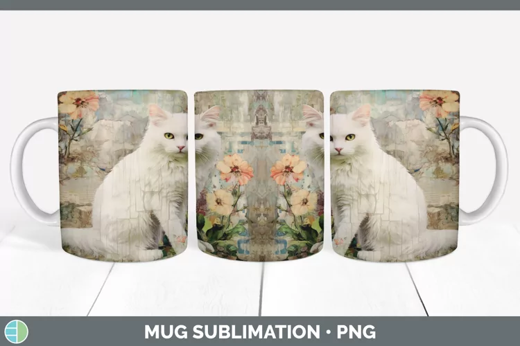 Vintage White Cat Mug Wrap | Sublimation Coffee Cup Designs