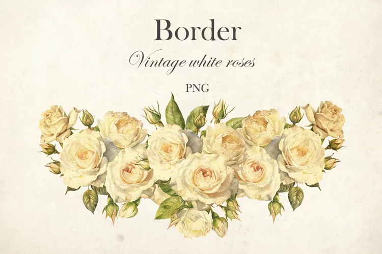 Vintage White roses border. Retro rose bouquet