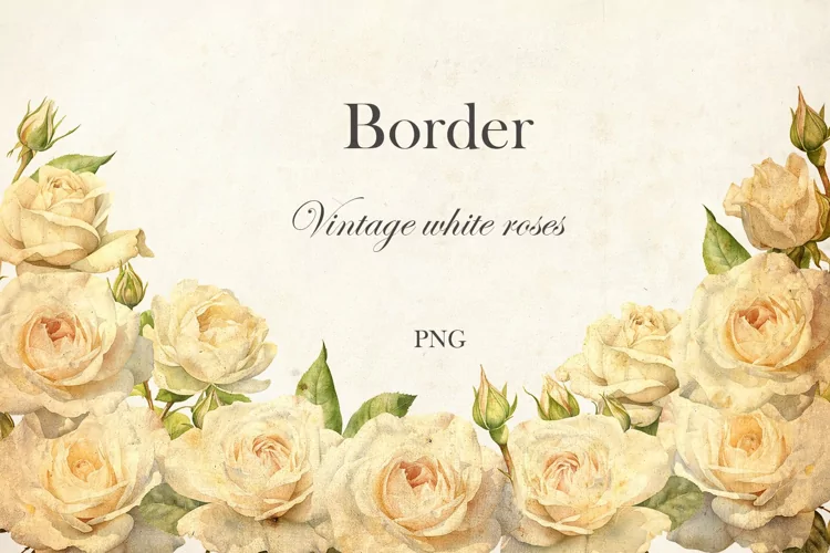 Vintage White roses border. Retro Rose border
