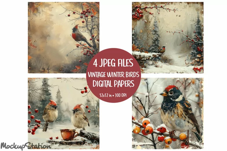 Christmas Birds Digital Papers | Vintage Winter Backgrounds