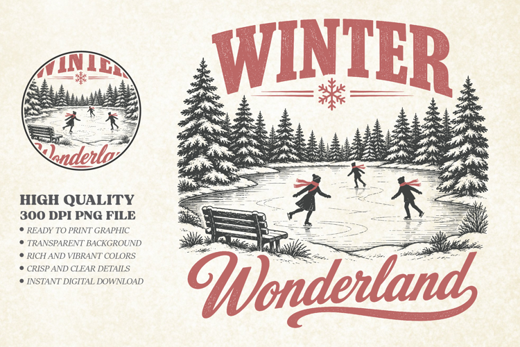 Vintage Winter Wonderland Design PNG,Ice Skating PNG