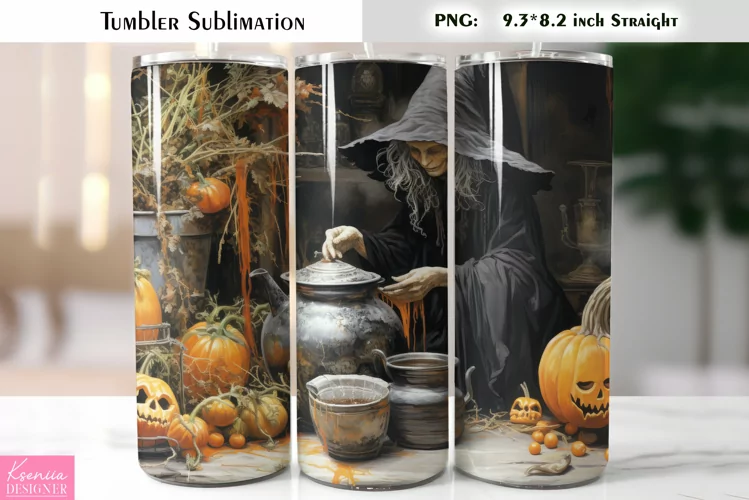 Halloween Witch Tumbler Sublimation|Vintage Halloween Card