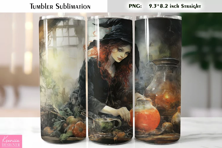 Halloween Witch Tumbler Sublimation|Vintage Halloween Card