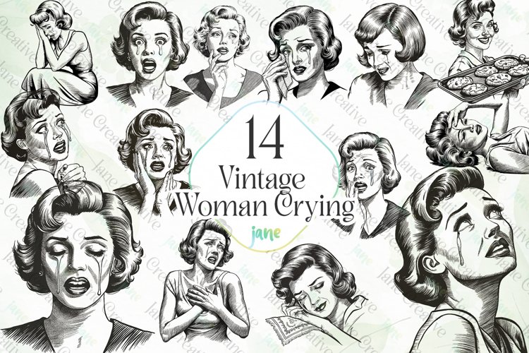 Vintage Woman Crying Sublimation Clipart example image 1