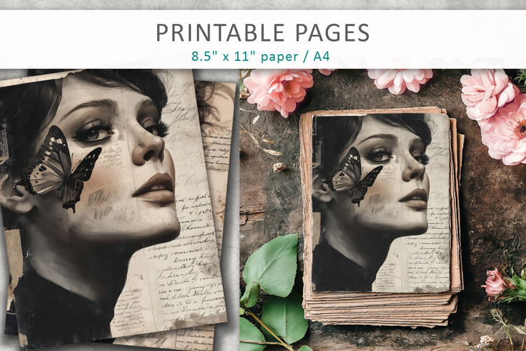 Vintage Woman Butterfly Junk Journal Page