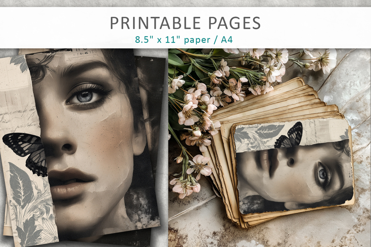Vintage Woman Butterfly Junk Journal, Antique Paper Texture