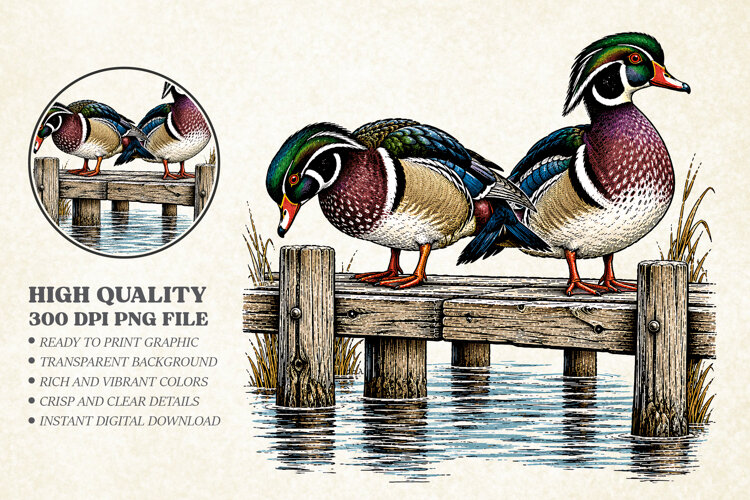 Vintage Wood Ducks on Pier PNG, Wildlife Hunting Design example image 1