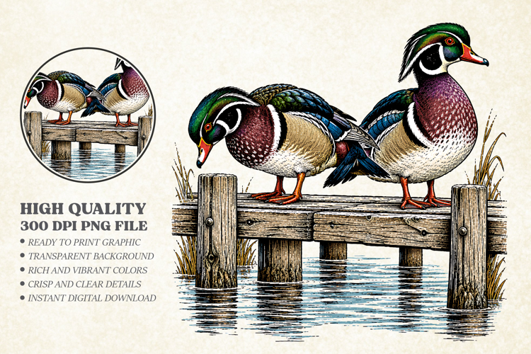 Vintage Wood Ducks on Pier PNG, Wildlife Hunting Design