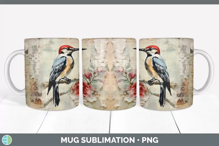 Vintage Woodpecker Bird Mug Wrap | Sublimation Coffee Cup De