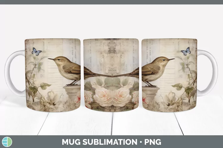 Vintage Wren Bird Mug Wrap | Sublimation Coffee Cup Designs
