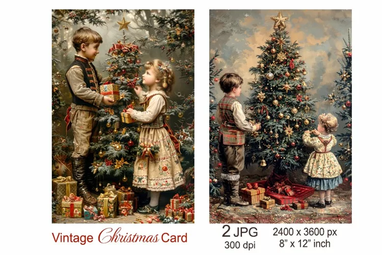 Vintage Christmas card, Children decorate the Christmas tree