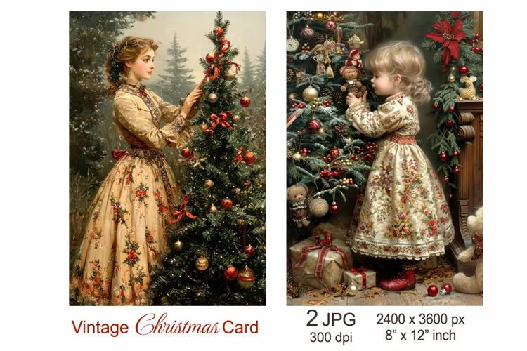 Vintage Christmas card Lady Baby Christmas tree Junk Journal