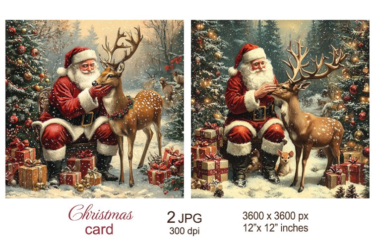 Vintage Santa Christmas Card, Santa Claus and Christmas Deer