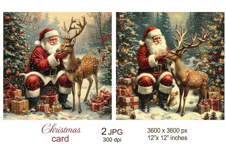 Vintage Santa Christmas Card, Santa Claus and Christmas Deer
