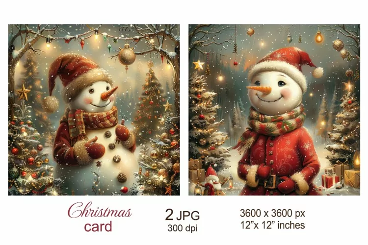 Cute Christmas Card, Snowman in Santa hat Junk Journal pages