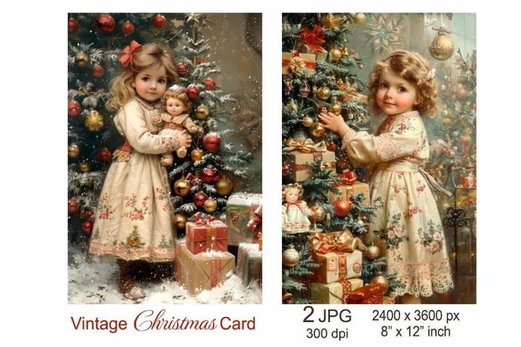 Vintage Christmas card, Girl with toys doll Christmas tree