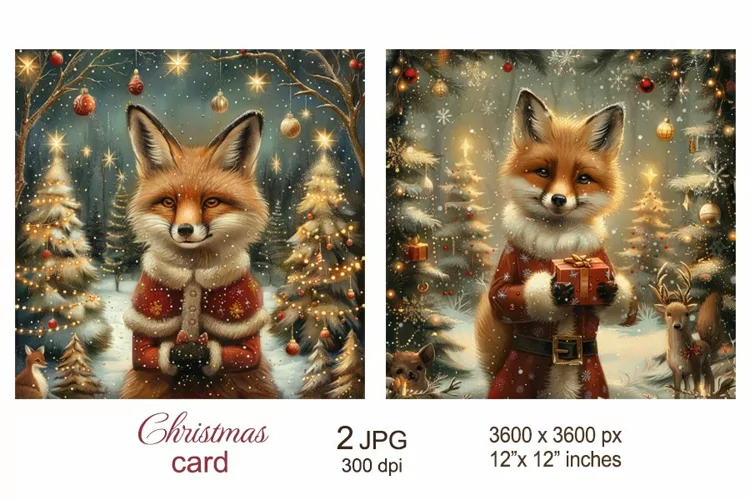 Cute Fox in forest Christmas Card, Christmas Junk Journal