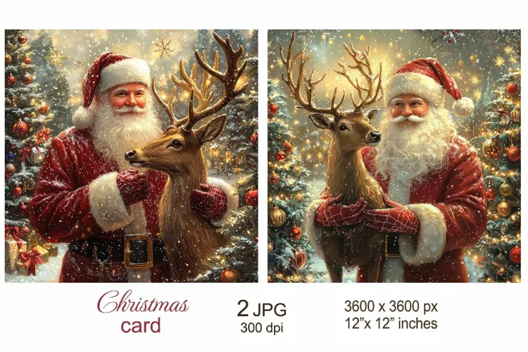 Vintage Santa Christmas Card, Santa Claus hug Deer paper