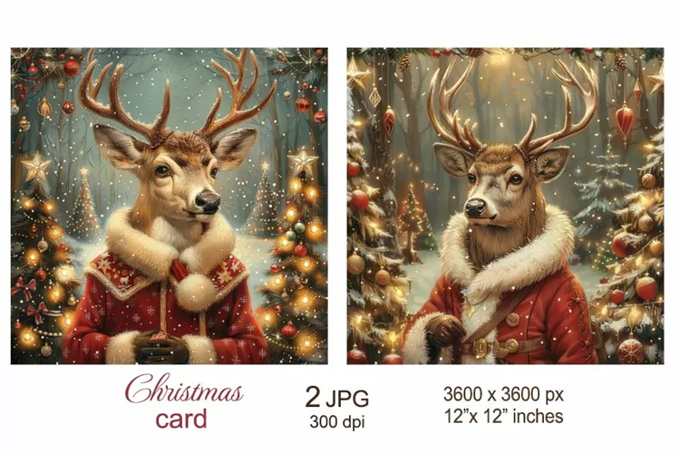 Santa Deer in forest Christmas Card, Christmas Junk Journal
