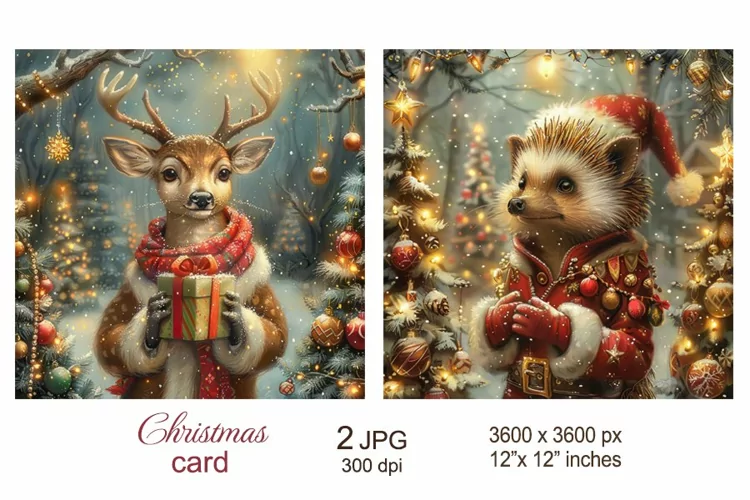 Cute Hedgehog Deer Christmas Card, Winter woodland animals