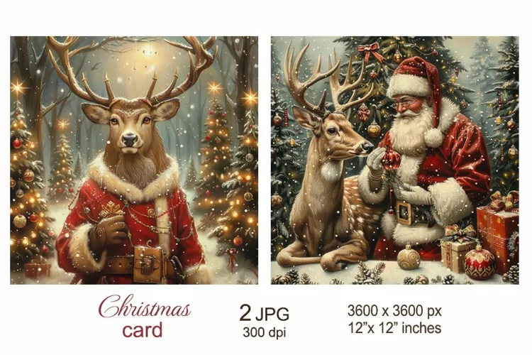 Vintage Santa Christmas Card, Santa Claus and Deer paper