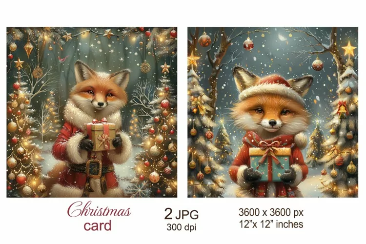Cute Fox in forest Christmas Card, Christmas Junk Journal
