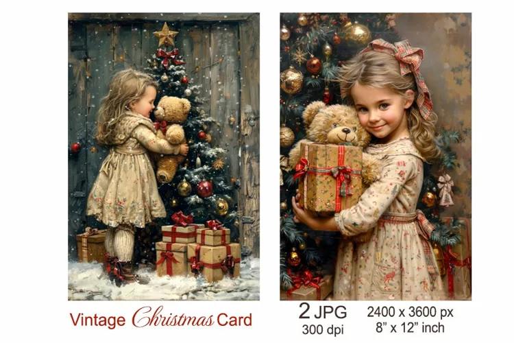 Vintage Christmas card, Girl with teddy bear Christmas tree