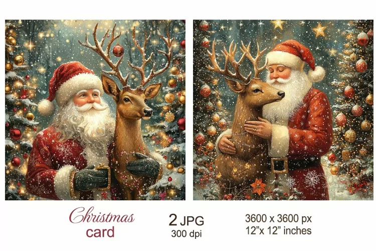 Vintage Santa Christmas Card, Santa Claus hug Deer paper