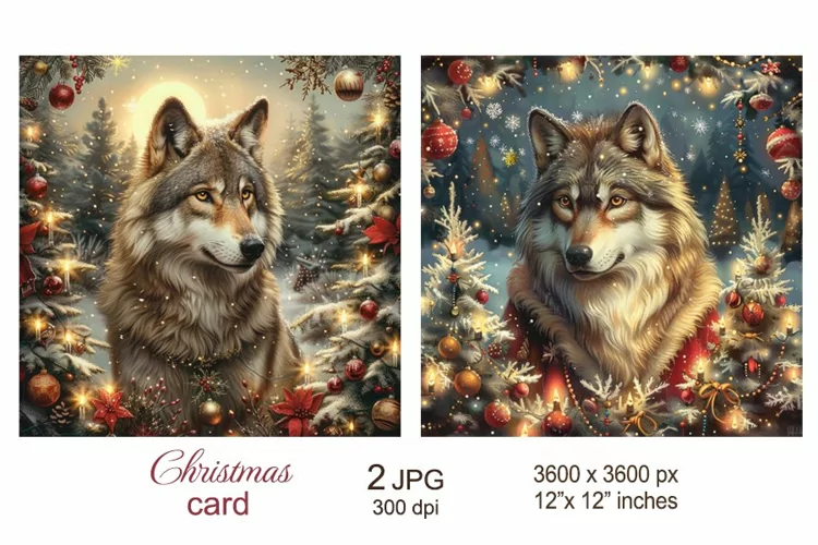 Cute Wolf in forest Christmas Card, Christmas Junk Journal