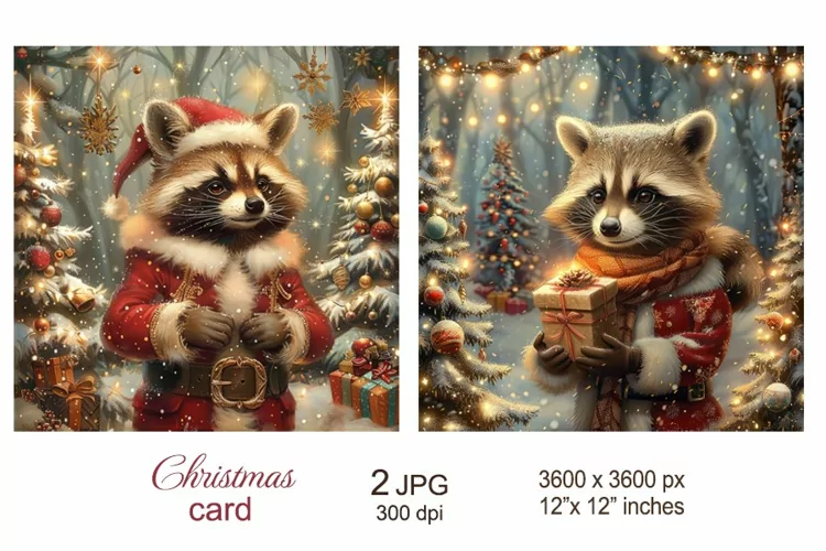 Raccoon in forest Christmas Card, Christmas sublimation