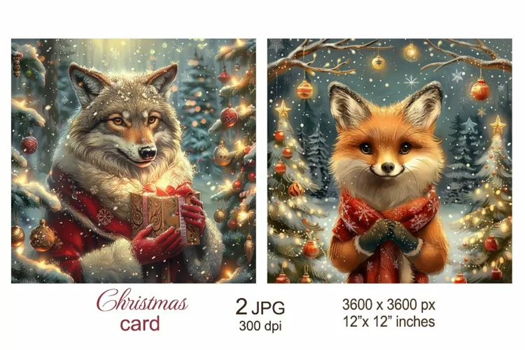 Cute Wolf Fox Christmas Card, Winter woodland animals paper