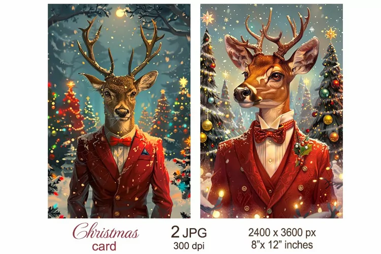 Reindeer Christmas Card, Fashion Santa Deer, Winter Holidays