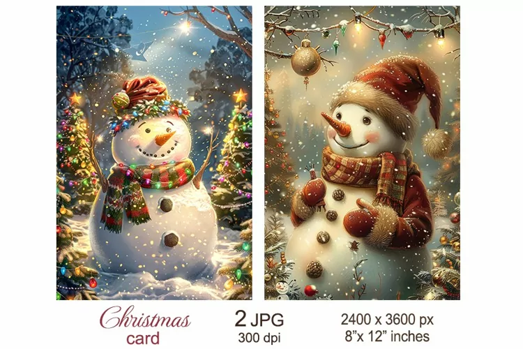 Cute Christmas Card, Snowman in Santa hat Junk Journal pages