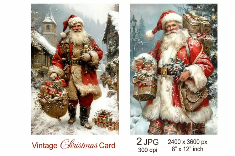 Vintage Santa Christmas card, Santa Claus and Christmas Gift