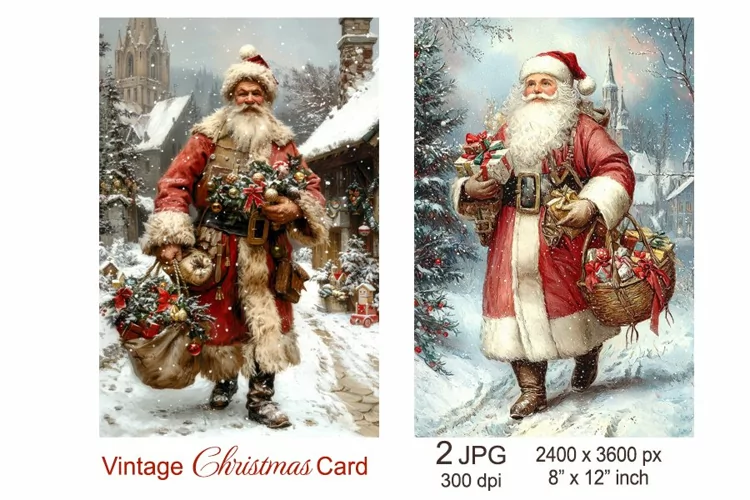 Vintage Santa Christmas card, Santa Claus and Christmas Gift