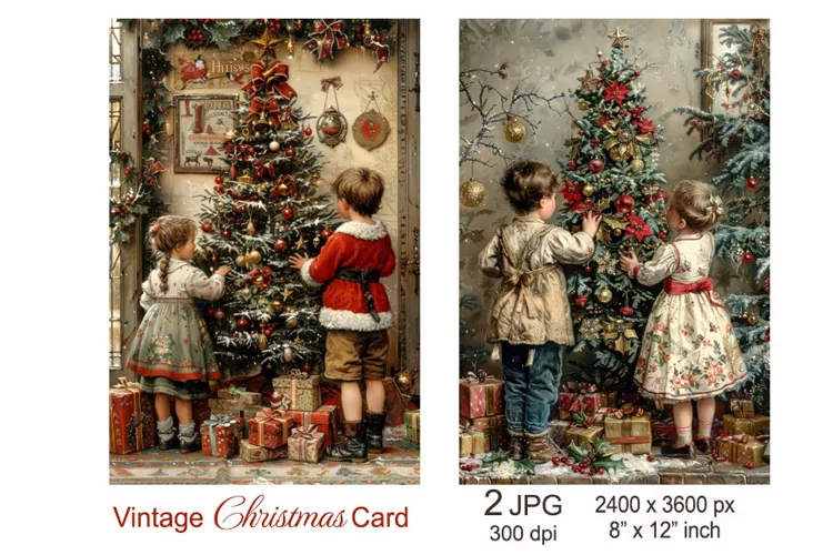 Vintage Christmas card, Children decorate the Christmas tree