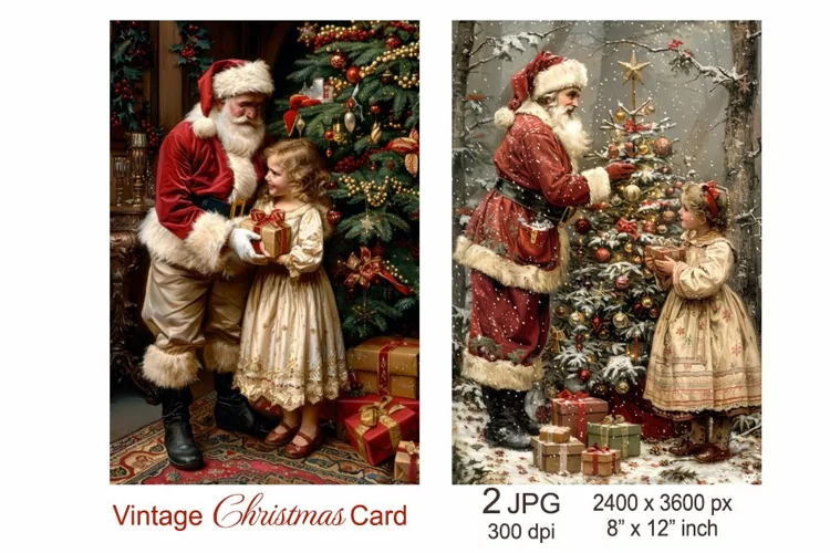 Vintage Santa Christmas card, Santa Claus gives girl gifs
