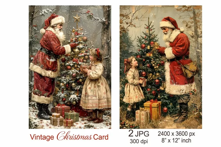 Vintage Santa Christmas card, Christmas Junk Journal pages